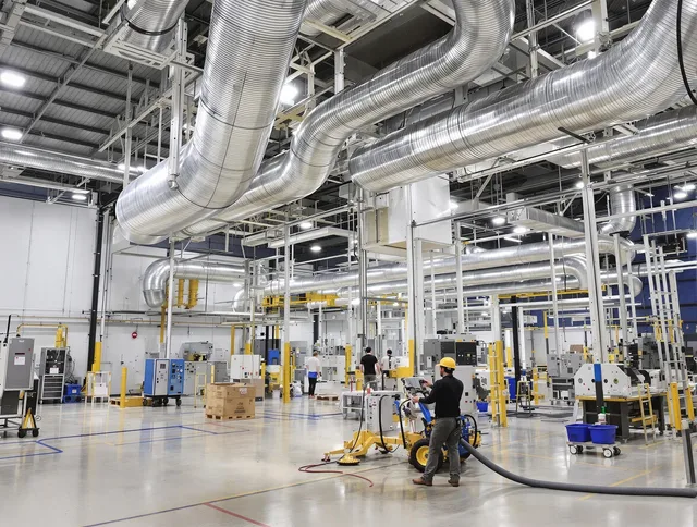 Norfolk Air Duct Cleaning team performing comprehensive industrial duct cleaning at a large facility in Norfolk